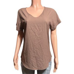 Zenana women's V-neck brown short sleeve chiffon top S